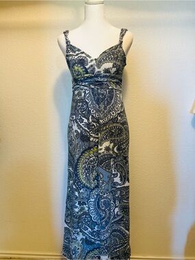 LOFT Blue and Cream Paisley Empire-Waist Maxi Dress A